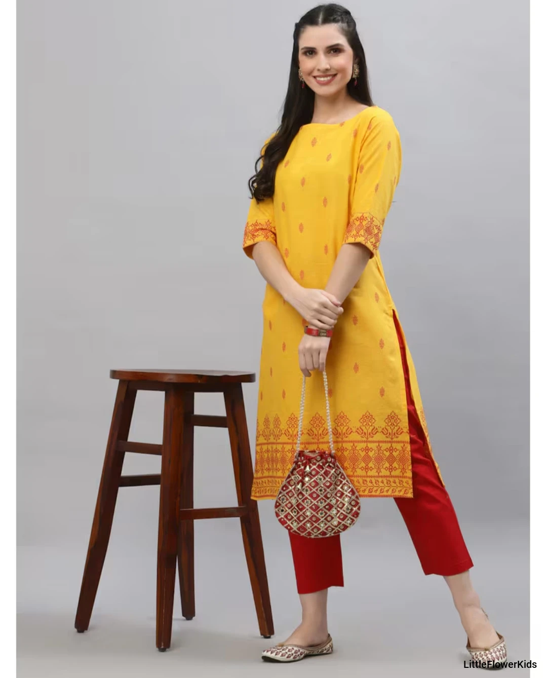 Yellow Cotton Textured Straight Kurta
