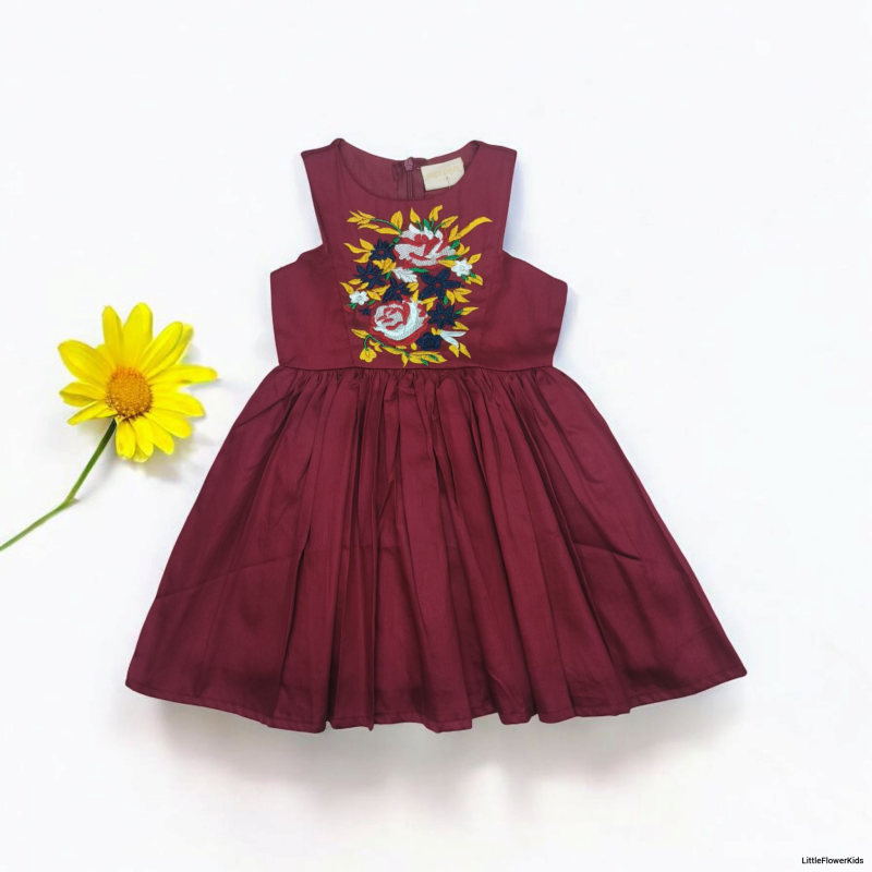 Crimson Red Frock With Flower Embroidery