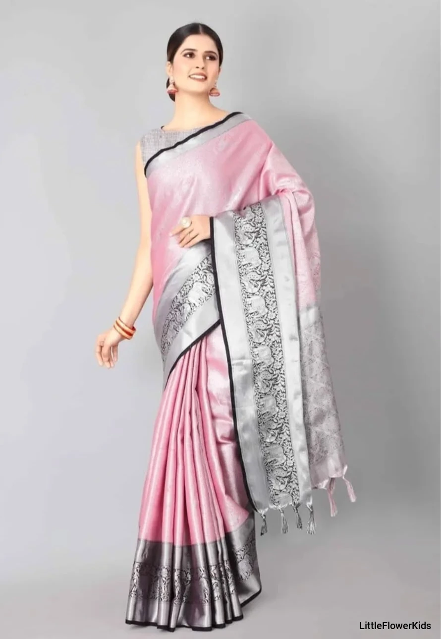 Beautiful Pink Kora silk saree with contrast black border