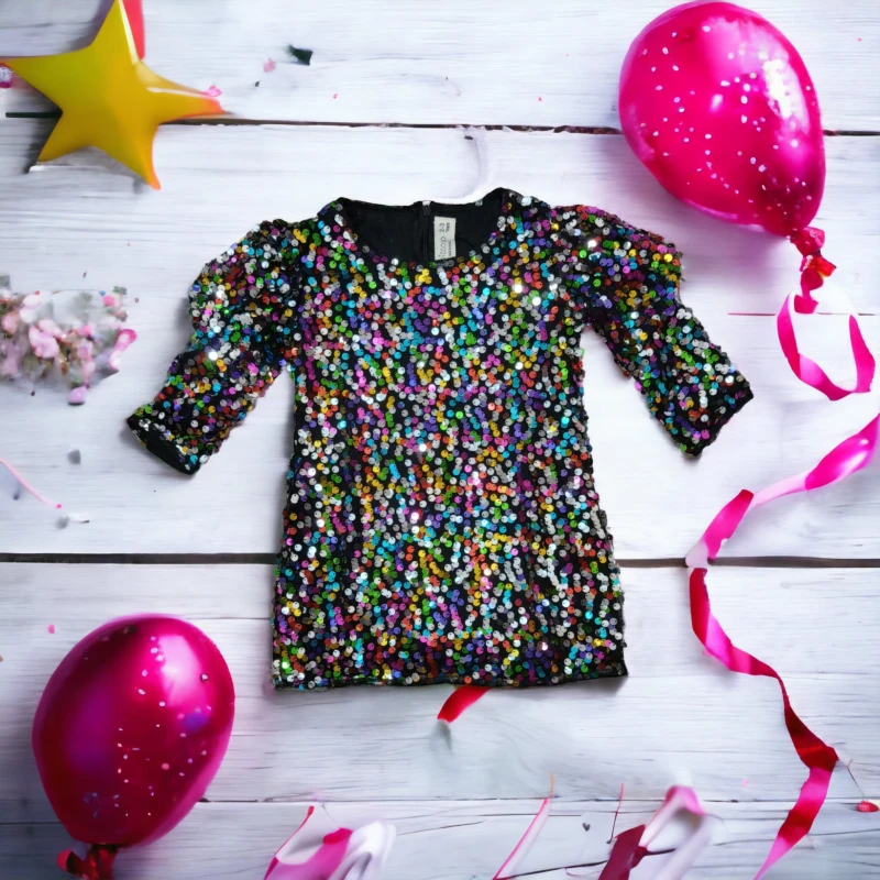 Multicolour Sequin Short Dress with puff sleeve