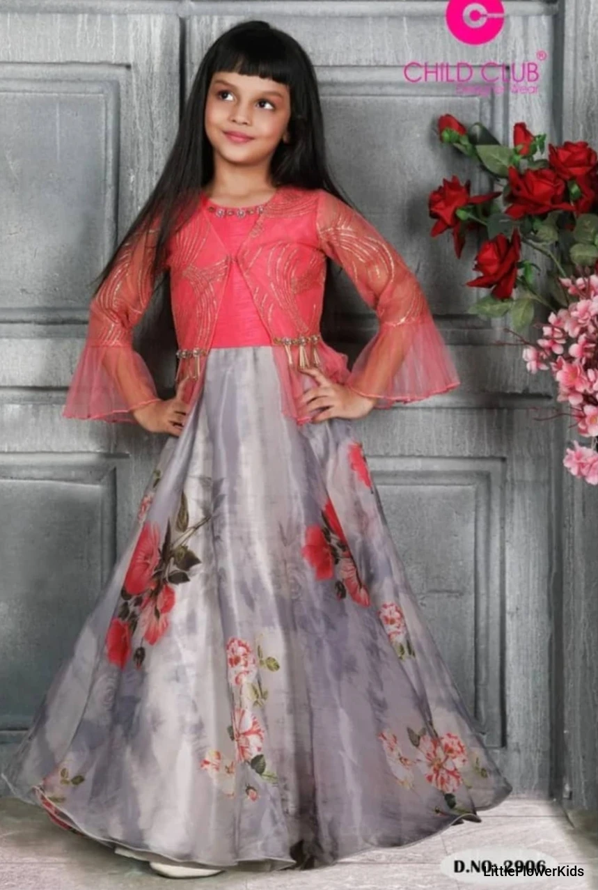 Pink & Grey Floral Gown with Sequin Work Jacket