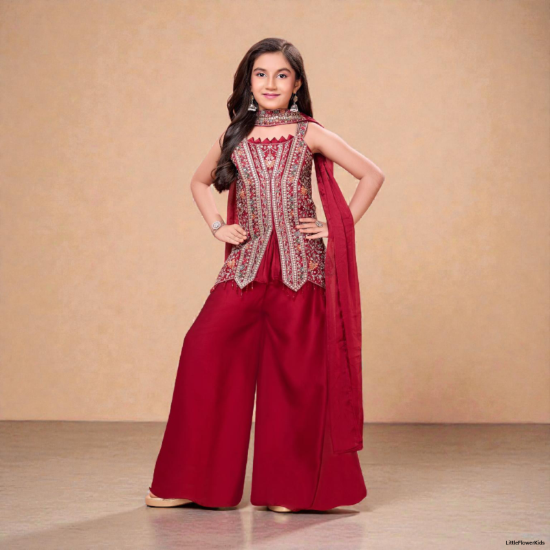 Kids' Festive Maroon Palazzo Suit with Dupatta