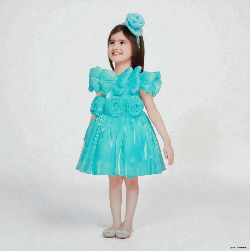 Shimmering Turquoise Party Dress with Rosettes