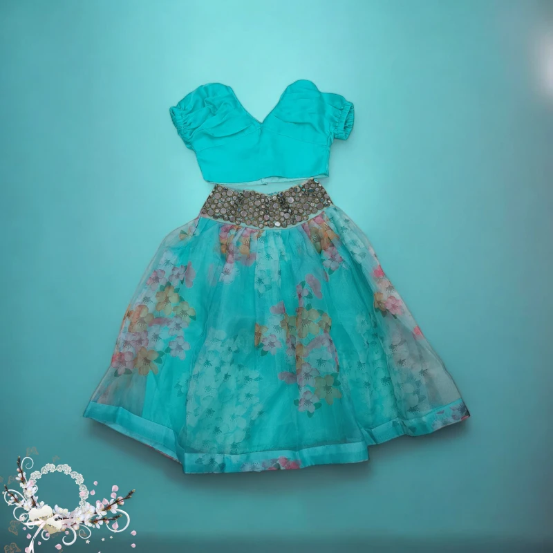 Turquoise Lehenga with Mirror work and Crop Top