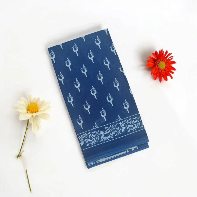 Indigo Blue cotton mul saree with peacock print