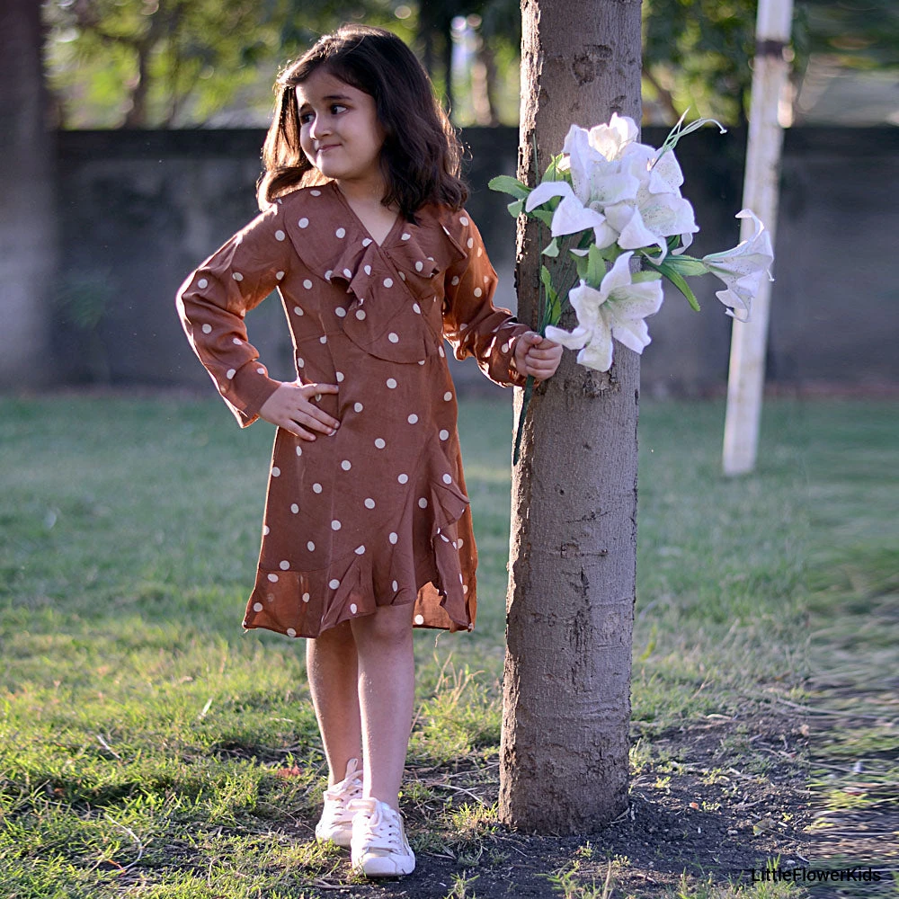 Brown Polka dot print full sleeve Frock