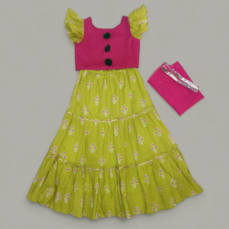 Pink & Green Cotton Lehenga