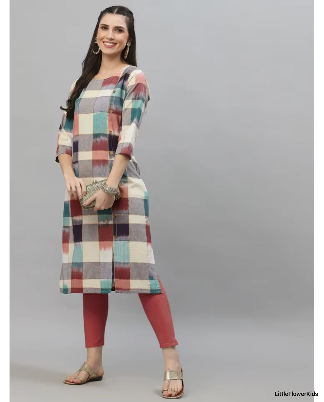 Cotton Checks Straight Calf length Kurta