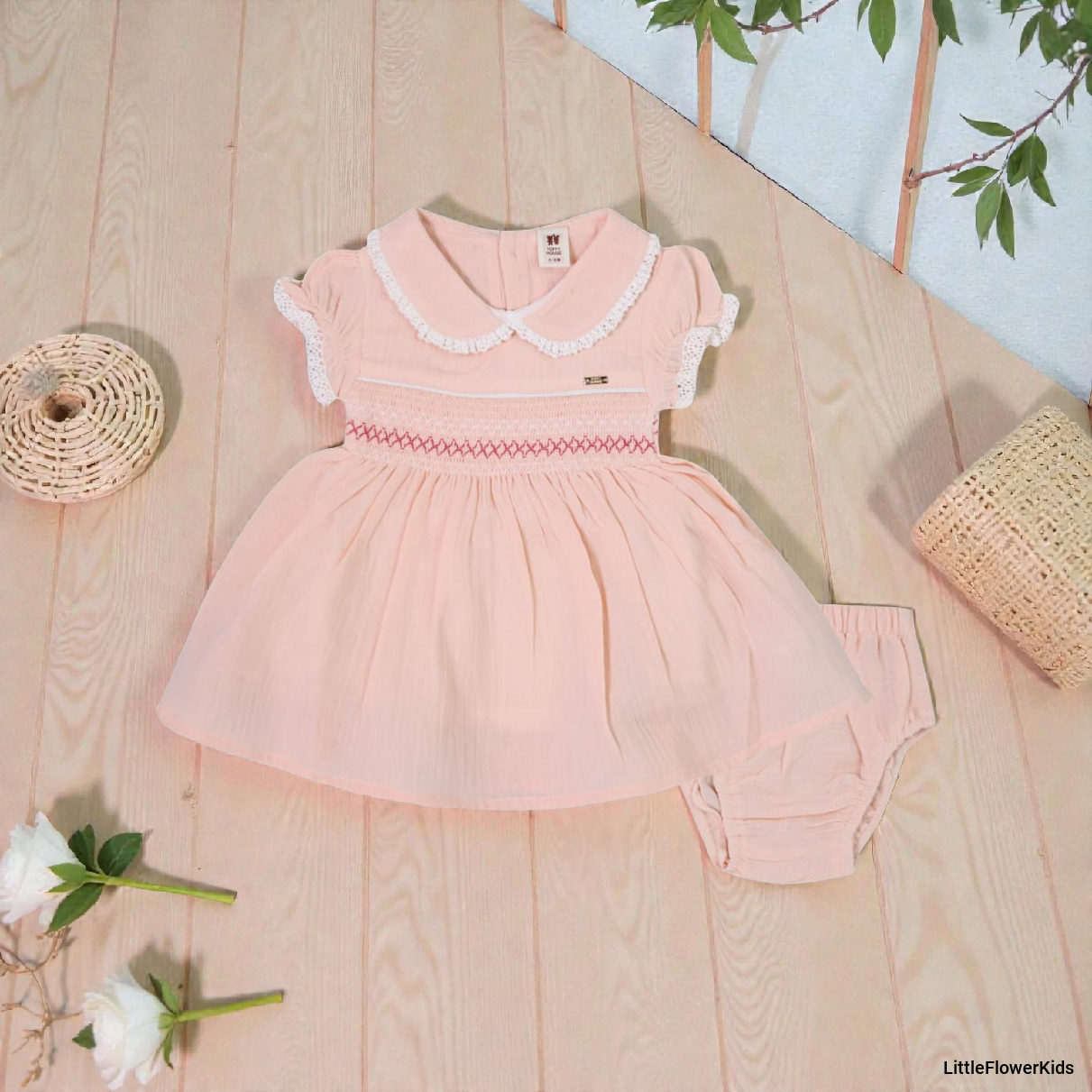 Toddler Peter Pan Collar Peach Muslin Frock