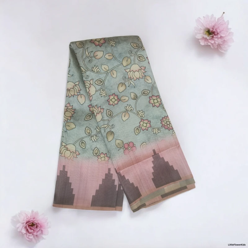 Grey Kalmkari print saree with Temple border