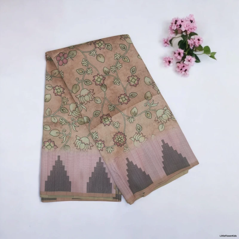 Orange Kalmkari print saree with Temple border
