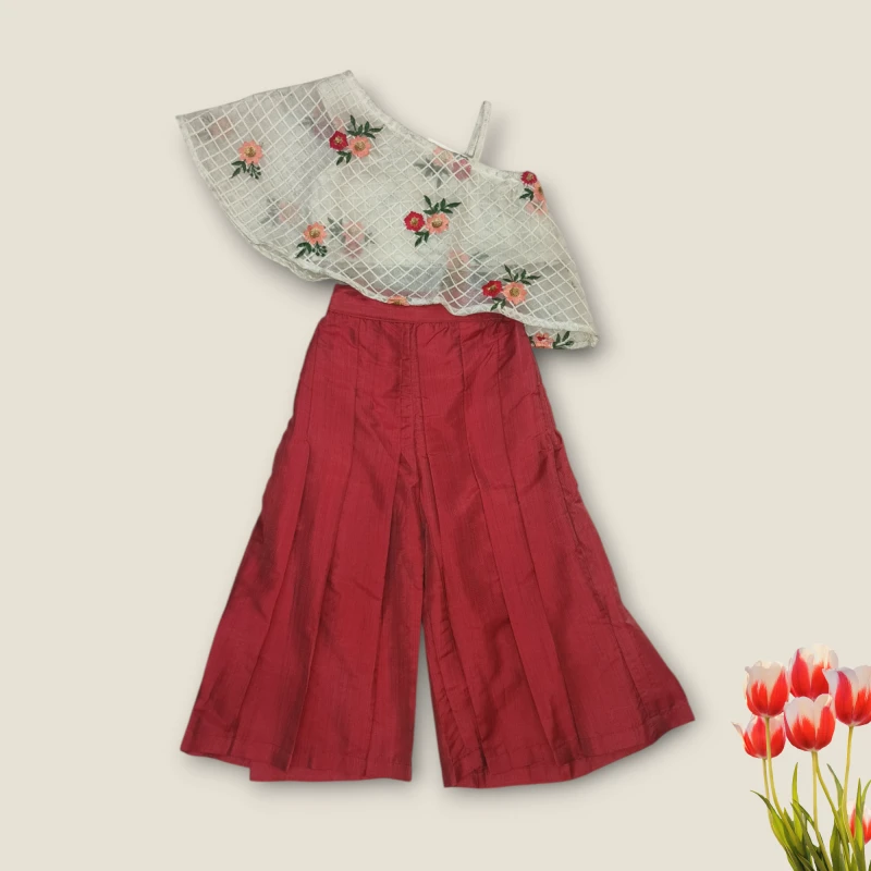 Off White Crop top with Red Plazzo