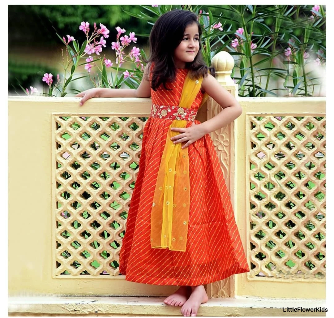 Orange Lehariya Print Kota Doria Dress