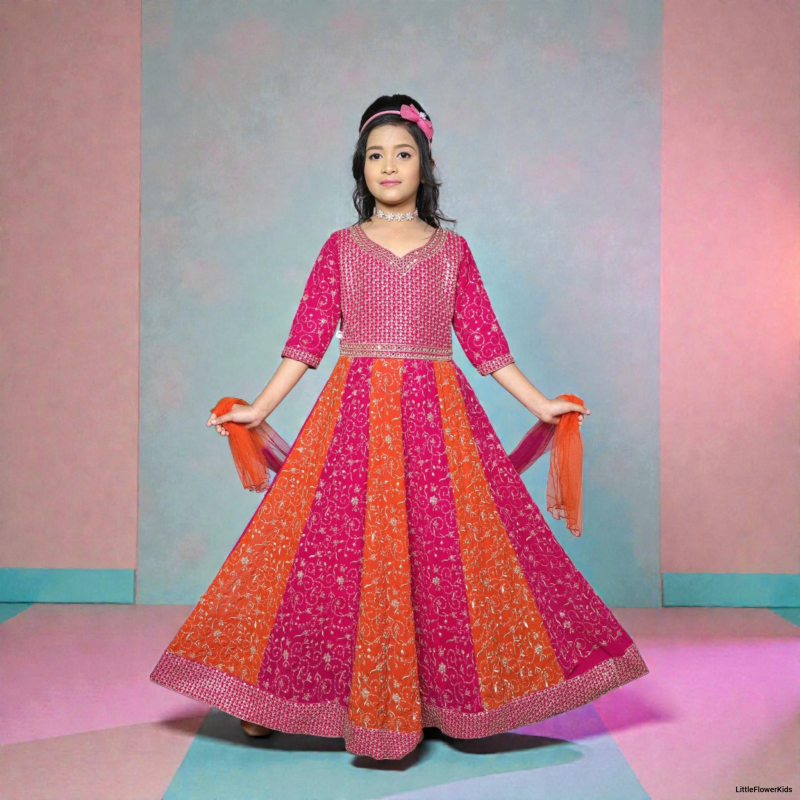 Girls' Embroidered Hot Pink & Orange Gown