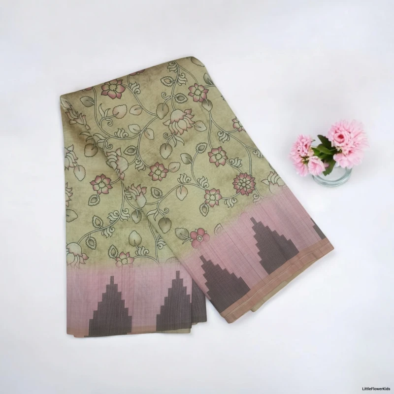 Golden Kalmkari print saree with Temple border