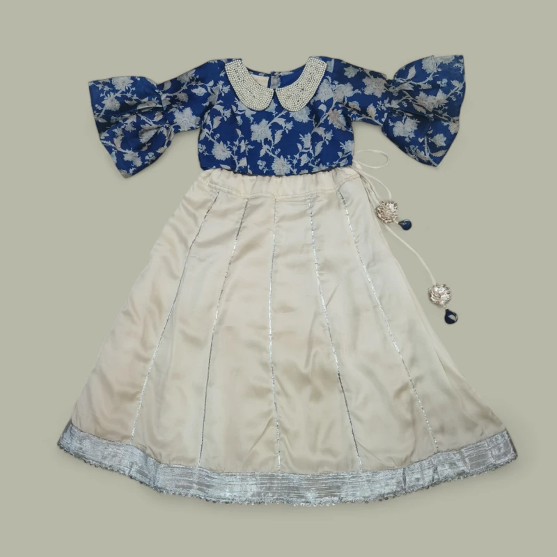 Royal Blue Floral print top with Off White Lehenga