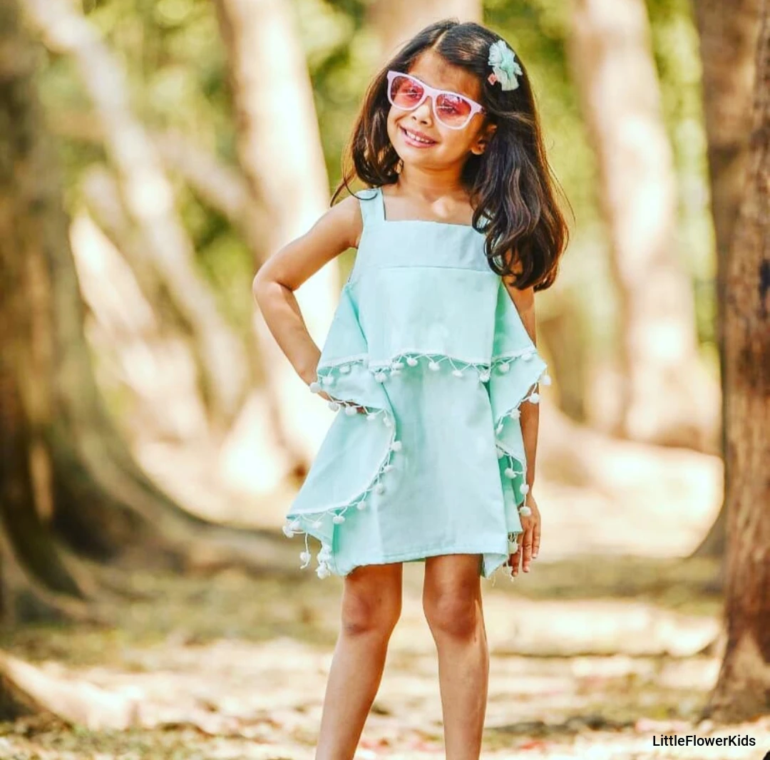 Green Cotton Frock with Pom Pom