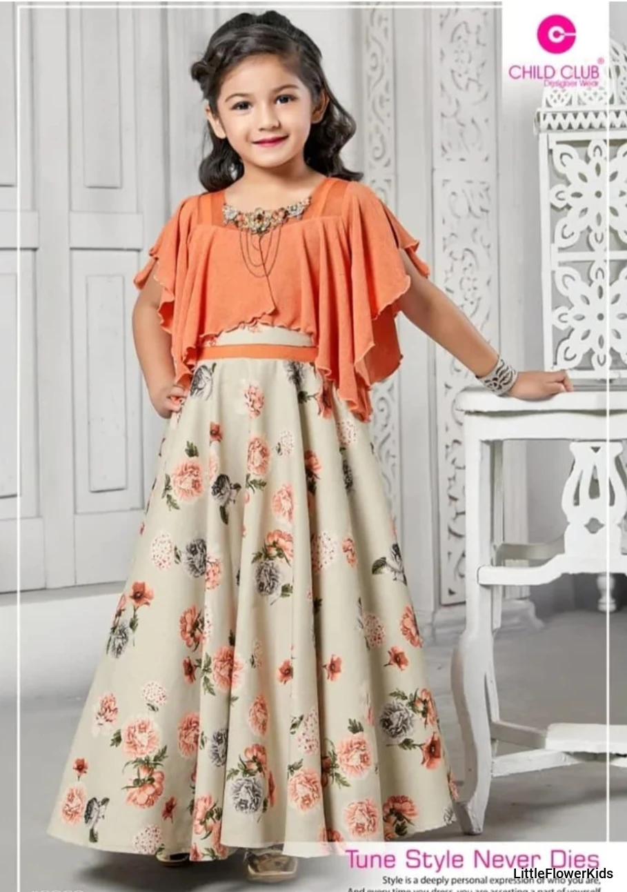 Orange Floral Printed Long Gown