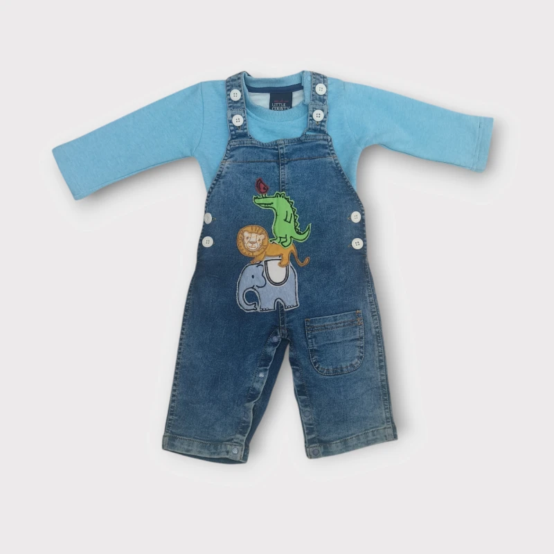 Denim Dungaree with Animal Embroidery and T-shirt