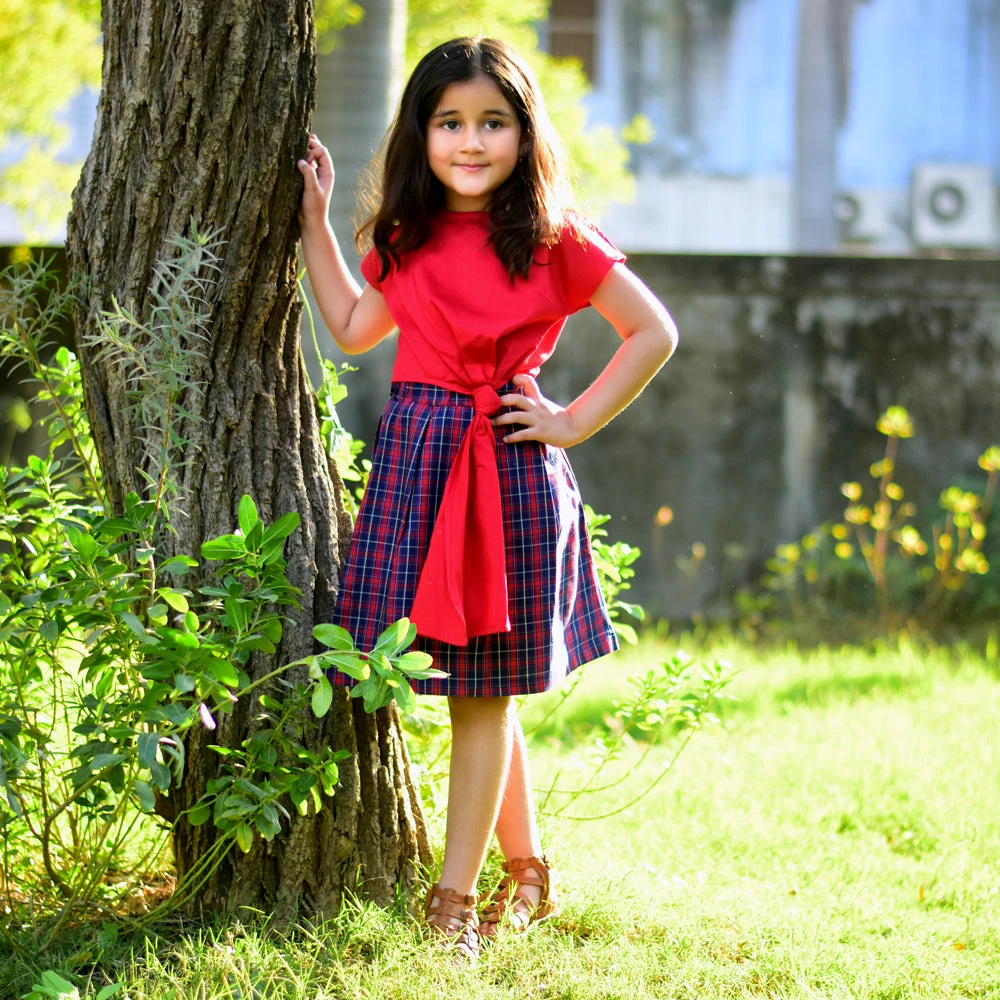Red Top with Checked Skirt