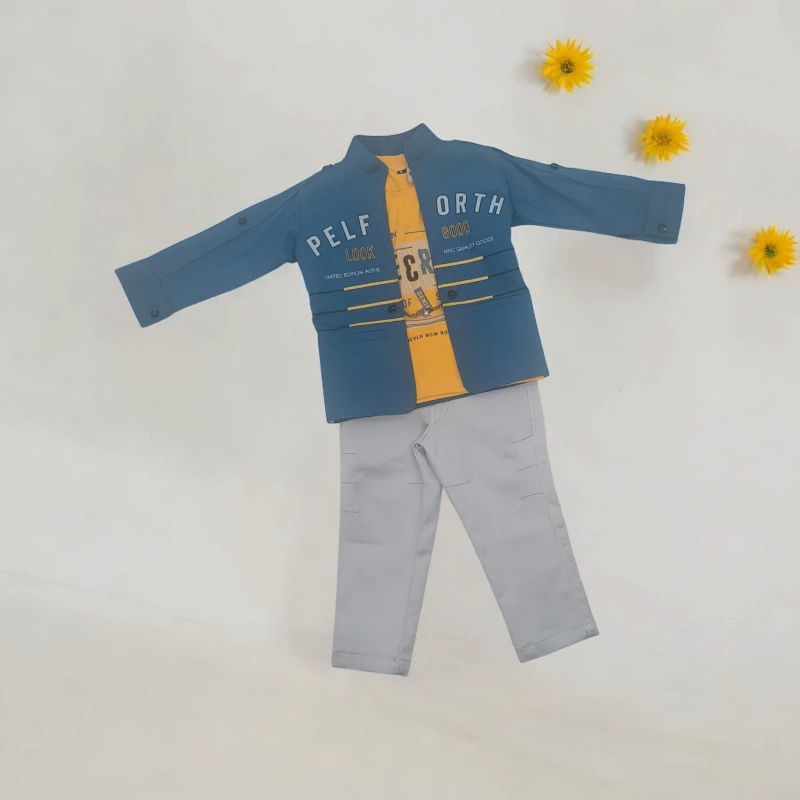 Boys 3 piece set, yellow t-shirt, blue jacket and denim pant
