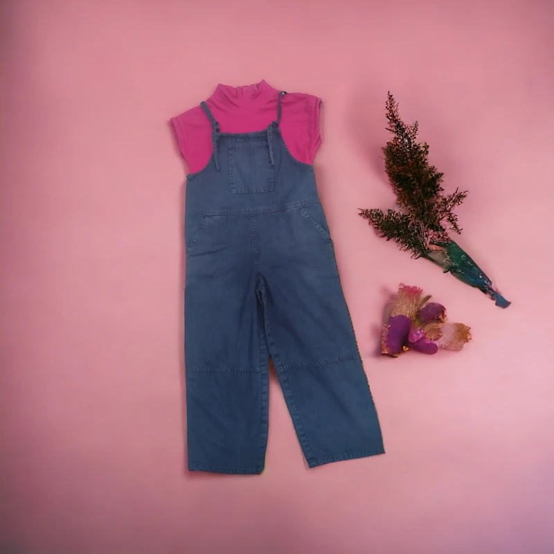 Denim Dungaree with Pink Turtle neck top